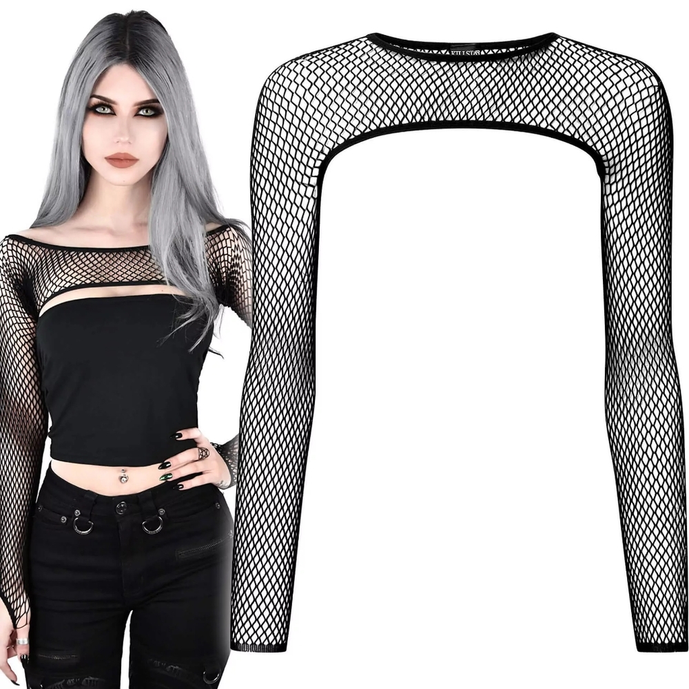 Killstar Bite Me Bolero Black Fishnet Mesh Long Sleeve Top